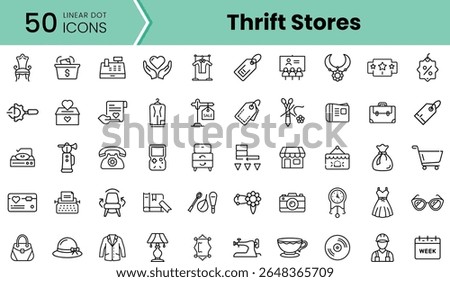 A collection of 50 linear dot icons representing thrift store items, including clothing, accessories, and home goods, perfect for vintage shopping themes.
