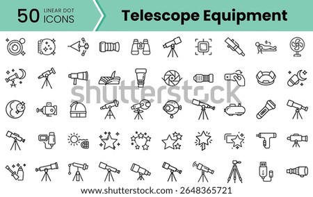 A collection of 50 linear dot icons representing telescope equipment, showcasing various astronomical tools and accessories in a minimalist style.