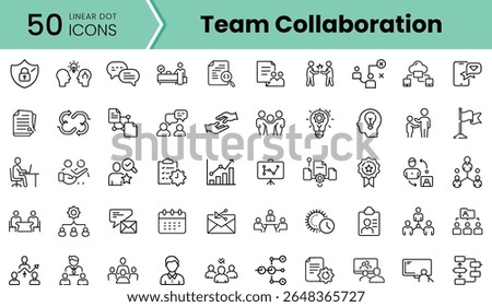 A collection of 50 linear dot icons representing team collaboration, featuring diverse symbols like charts, communication, tasks, and teamwork.