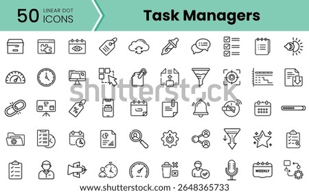 A collection of 50 linear dot icons representing task managers, showcasing various symbols related to productivity, organization, and management.