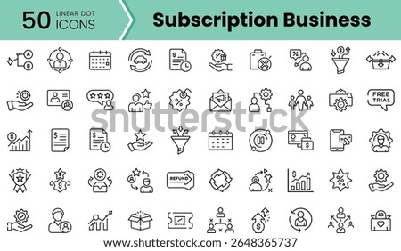 A collection of 50 linear dot icons representing various aspects of subscription business, including analytics, customer engagement, and service management.