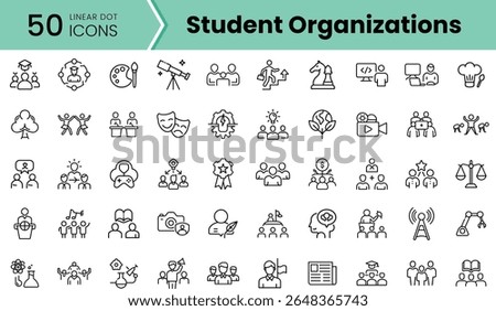 A collection of 50 linear dot icons representing various student organizations, showcasing diversity in activities such as art, music, debate, and community service.