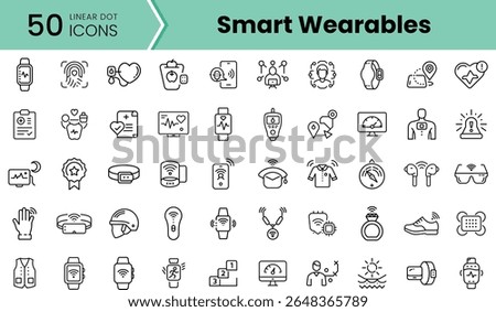 A collection of 50 linear dot icons representing smart wearables, showcasing various health, fitness, and technology-related devices and applications.