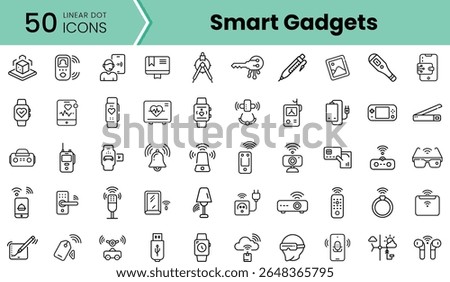 A collection of 50 linear dot icons representing various smart gadgets, showcasing diverse technological innovations in a minimalist design.