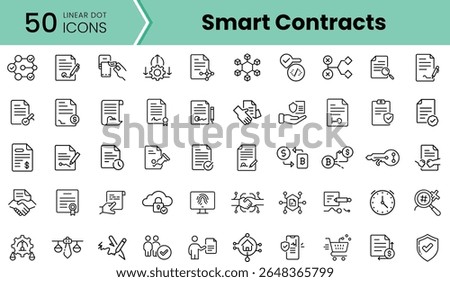 A collection of 50 linear dot icons representing smart contracts, featuring various blockchain-related symbols such as documents, keys, and connection nodes.