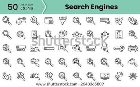 A collection of 50 linear dot icons representing search engines, showcasing various elements like magnifying glasses, data charts, and user interactions in a sleek design.