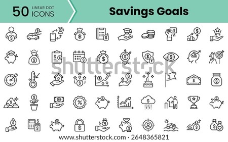 A collection of 50 linear dot icons representing savings goals, featuring various financial themes such as investments, budgeting, and financial planning.