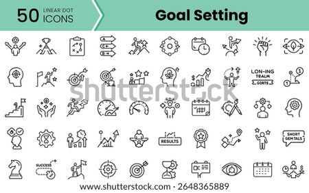 A collection of 50 linear dot icons representing goal setting, featuring diverse icons such as charts, targets, teamwork, and success symbols in a minimalist style.