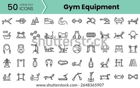 A collection of 50 linear dot icons representing various gym equipment, featuring weights, benches, and cardio machines, ideal for fitness enthusiasts and designers.
