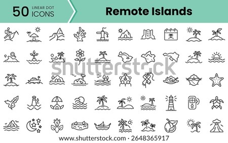 A collection of 50 linear dot icons representing remote islands, featuring various elements like beaches, palm trees, lighthouses, and marine life.