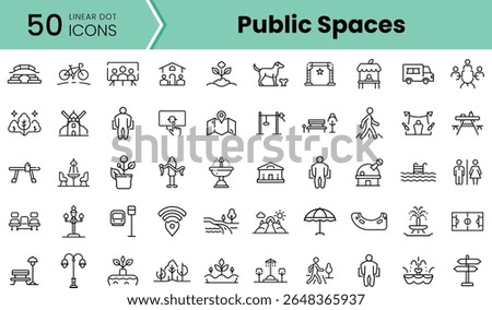 A collection of 50 linear dot icons representing various public spaces, featuring parks, events, and recreational activities in a minimalist style.