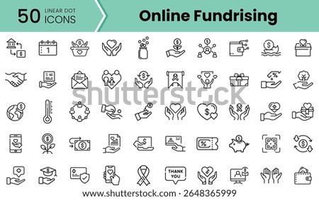 A collection of 50 linear dot icons representing online fundraising concepts, featuring symbols like donations, charity, and financial support in a clean, modern design.