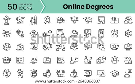 A collection of 50 linear dot icons related to online degrees and education, showcasing elements like graduation caps, books, and digital learning.