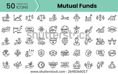 A collection of 50 linear dot icons illustrating various concepts related to mutual funds, finance, investment, and growth, designed for a professional setting.