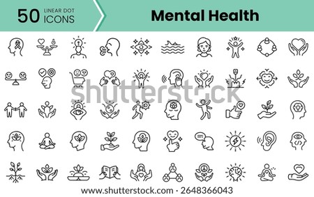 A collection of 50 linear dot icons representing various aspects of mental health, showcasing themes of wellness, support, and mindfulness in a modern design.