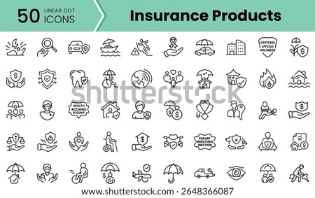 A collection of 50 linear dot icons representing various insurance products, featuring health, home, auto, and life insurance themes in a clean design.