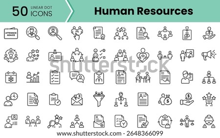 A collection of 50 linear dot icons representing various aspects of Human Resources, showcasing elements like recruitment, employee engagement, and performance management.