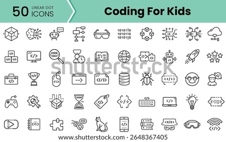 A collection of 50 linear dot icons representing coding concepts, perfect for kids' educational materials. Engaging visuals in black and white enhance learning.