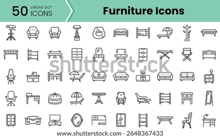 A collection of 50 linear dot icons representing various furniture items, showcasing a diverse range of designs suitable for interior decor.