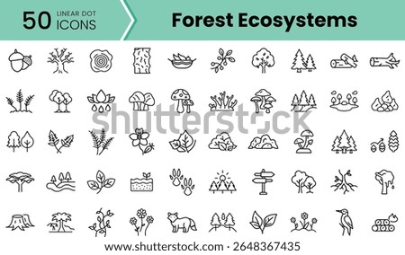 A collection of 50 linear dot icons representing various elements of forest ecosystems, including flora, fauna, and landscapes, set against a vibrant green background.