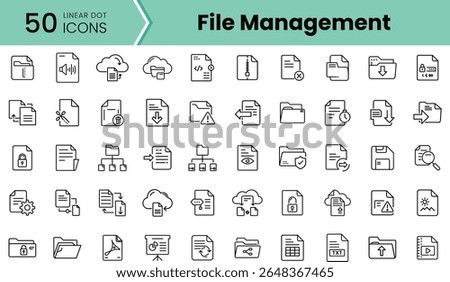 A collection of 50 linear dot icons showcasing various file management concepts, including folders, documents, and cloud storage, all in a clean, minimalist style.