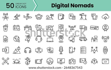 A collection of 50 linear dot icons representing digital nomads, featuring symbols for travel, technology, and remote work in a clean, minimalist style.
