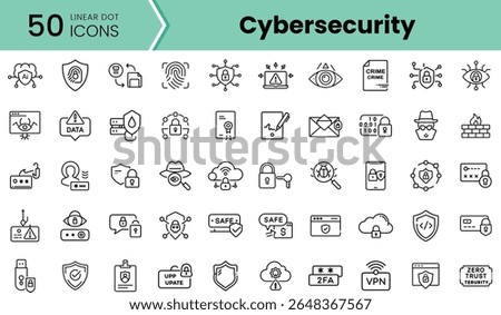 A collection of 50 linear dot icons representing cybersecurity concepts, including data protection, threat detection, and online safety measures.