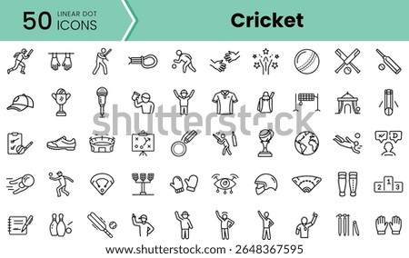 A collection of 50 linear dot icons representing various cricket elements, including players, equipment, and trophies, ideal for sports-themed designs.