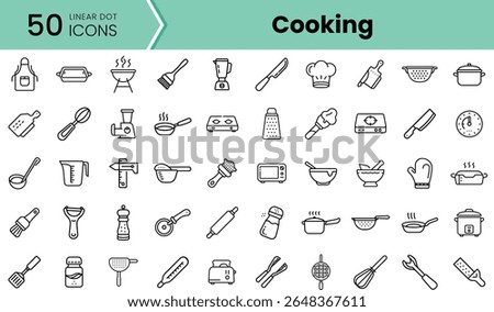 A collection of 50 linear dot icons related to cooking, including utensils, equipment, and ingredients that showcase culinary creativity.