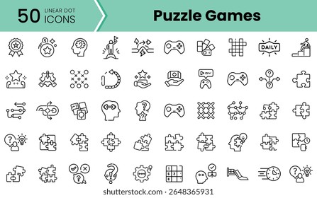 A collection of 50 linear icon designs representing various puzzle games, showcasing gaming elements and challenges in a minimalistic style.