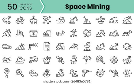 A collection of 50 linear icons depicting the concept of space mining, including various tools, celestial bodies, and mining activities, showcasing innovation and exploration.