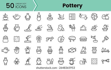 A collection of 50 linear icons depicting various pottery-related elements, showcasing diverse tools, shapes, and pottery processes in a minimalist style.