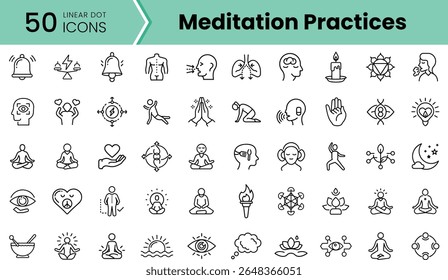 A collection of 50 linear icons depicting various meditation practices, including mindfulness, yoga, and spiritual symbols, designed in a minimalist style.