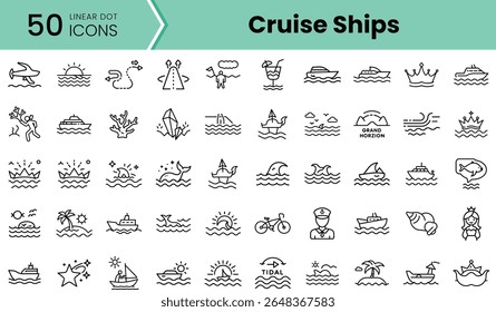 A collection of 50 linear icons depicting various cruise ships and related themes, showcasing fun elements of cruising and maritime activities.