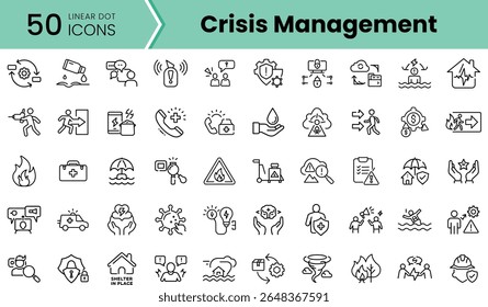 A collection of 50 linear icons depicting various aspects of crisis management, including emergency responses and safety measures. Ideal for disaster preparedness themes.