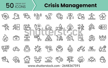 A collection of 50 linear icons depicting various aspects of crisis management, including emergency responses and safety measures. Ideal for disaster preparedness themes.