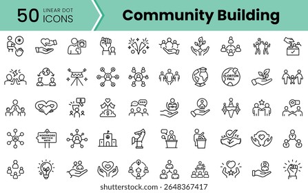 A collection of 50 linear icons illustrating community building concepts, featuring hands, people, plants, and global symbols in a minimalist design.