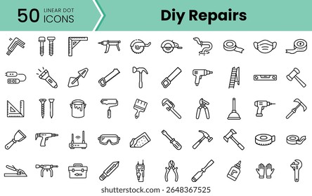 A collection of 50 linear icons related to DIY repairs, featuring tools like hammers, wrenches, and safety gear, perfect for home improvement projects.