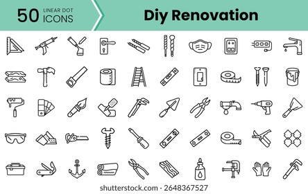 A collection of 50 linear icons related to DIY renovation, featuring tools like hammers, paint rollers, and safety equipment in a minimalist style.