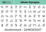 A collection of 50 linear icons representing various sports and symbols associated with the Winter Olympics, featuring athletes, medals, and Olympic themes.