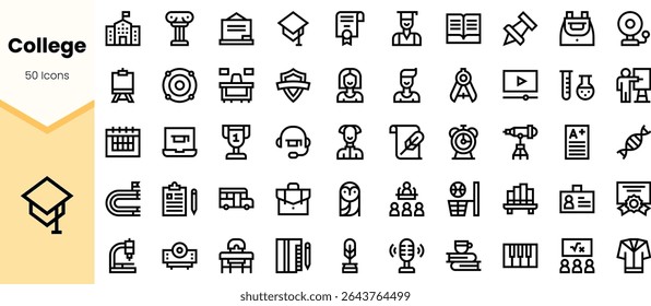 A collection of 50 linear icons representing various college themes, including education, science, and student life in a minimalist design.