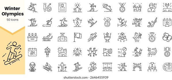 A collection of 50 linear icons representing various events and activities associated with the Winter Olympics, showcasing sportsmanship and competition.