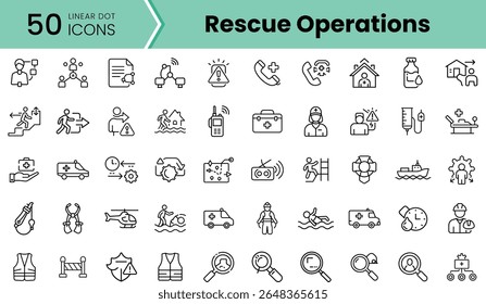 A collection of 50 linear icons representing various rescue operations, showcasing elements like emergency services, medical assistance, and search activities.