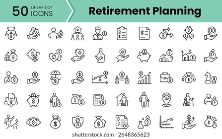 Uma coleção de 50 ícones lineares que representam elementos de planejamento de aposentadoria, apresentando símbolos como poupança, investimento, seguro e crescimento financeiro em um design limpo.