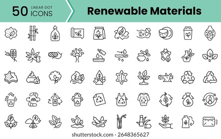 A collection of 50 linear icons representing renewable materials, showcasing symbols like leaves, recycling symbols, and sustainable products in a minimalist style.