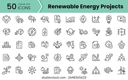 Una colección de 50 iconos lineales que representan varios proyectos de energía renovable, con paneles solares, turbinas eólicas, eficiencia energética y motivos de desarrollo sostenible.