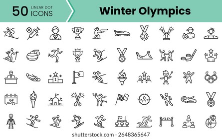 Uma coleção de 50 ícones lineares representando vários esportes e símbolos associados aos Jogos Olímpicos de inverno, com atletas, medalhas e temas olímpicos.