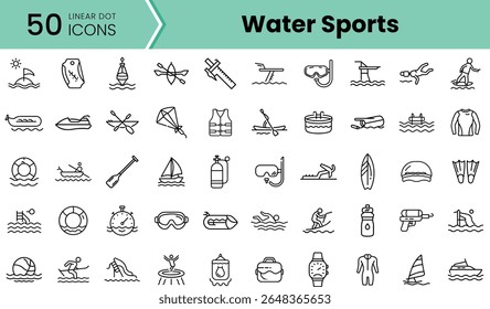 A collection of 50 linear icons representing various water sports activities, including surfing, swimming, and snorkeling, all designed in a minimalist style.