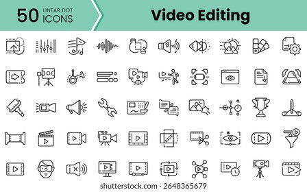 A collection of 50 linear icons representing video editing tools and features in a clean, minimalist style, perfect for digital design projects.