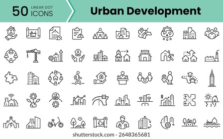A collection of 50 linear icons representing urban development themes, showcasing buildings, construction, sustainability, and community engagement in a sleek design.